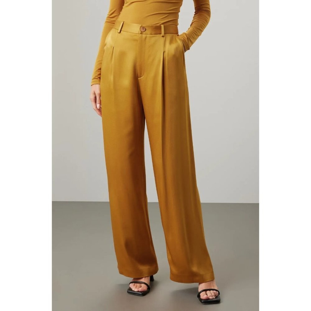 LAPOINTE Satin Pleated Pants in Yellow 2 Womens Wide Leg Trousers - Picture 4 of 15